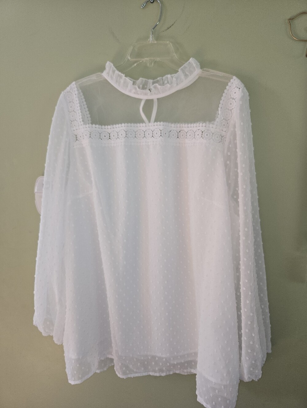 SHEIN White Sheer Swiss Dot Ruffle-Neck Blouse